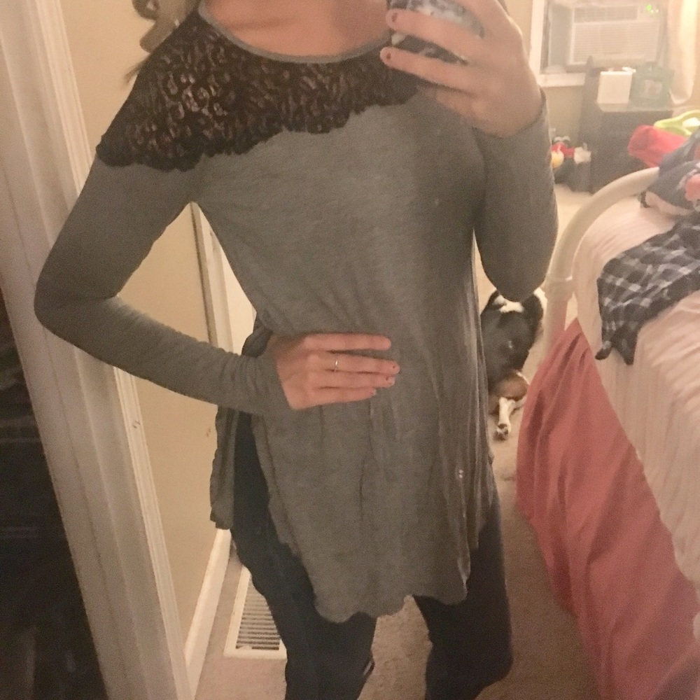 Long gray tunic style blouse
